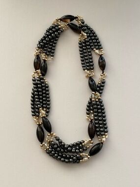 VTG 70s Multi-Strand Liquid Hematite Banded Agate Necklace | Silk Strung | 28"